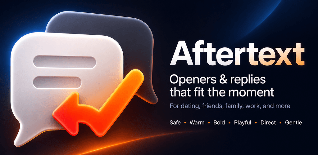 Aftertext app artwork with chat bubbles and an orange check mark